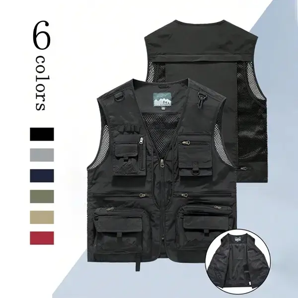 Outdoor Large Size Men's Four-Season Multi-Pocket Vest, Sleeveless Jacket, Suitable for Photographers and Fishermen, Lightweight Spring/Autumn Wear. Menswear weighted vest
