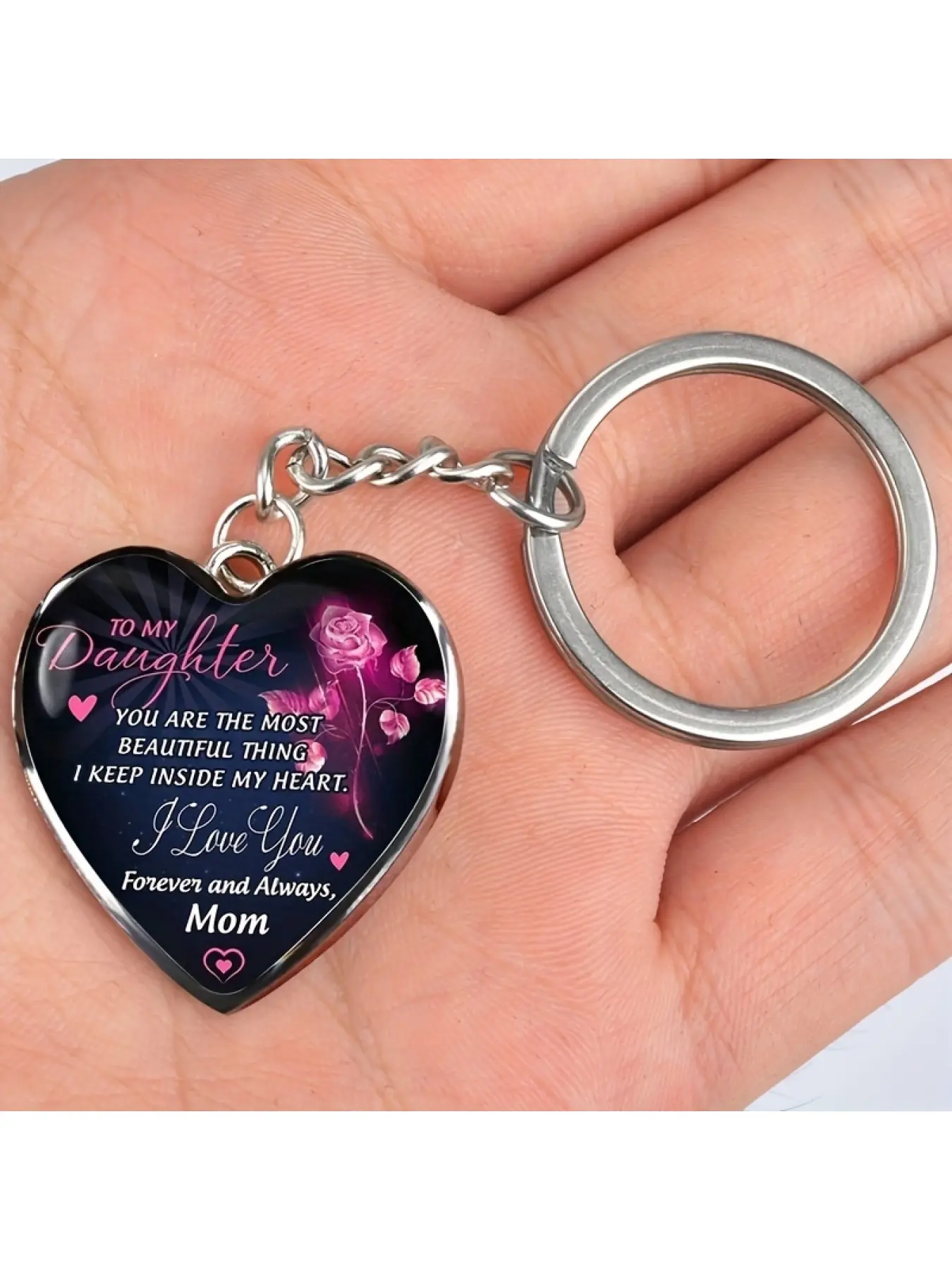 A beautiful heart-shaped metal keychain engraved with sweet words for your daughter - made of alloy, featuring a purple rose design. The perfect birthday or Valentine's Day gift from mom to your daughter.