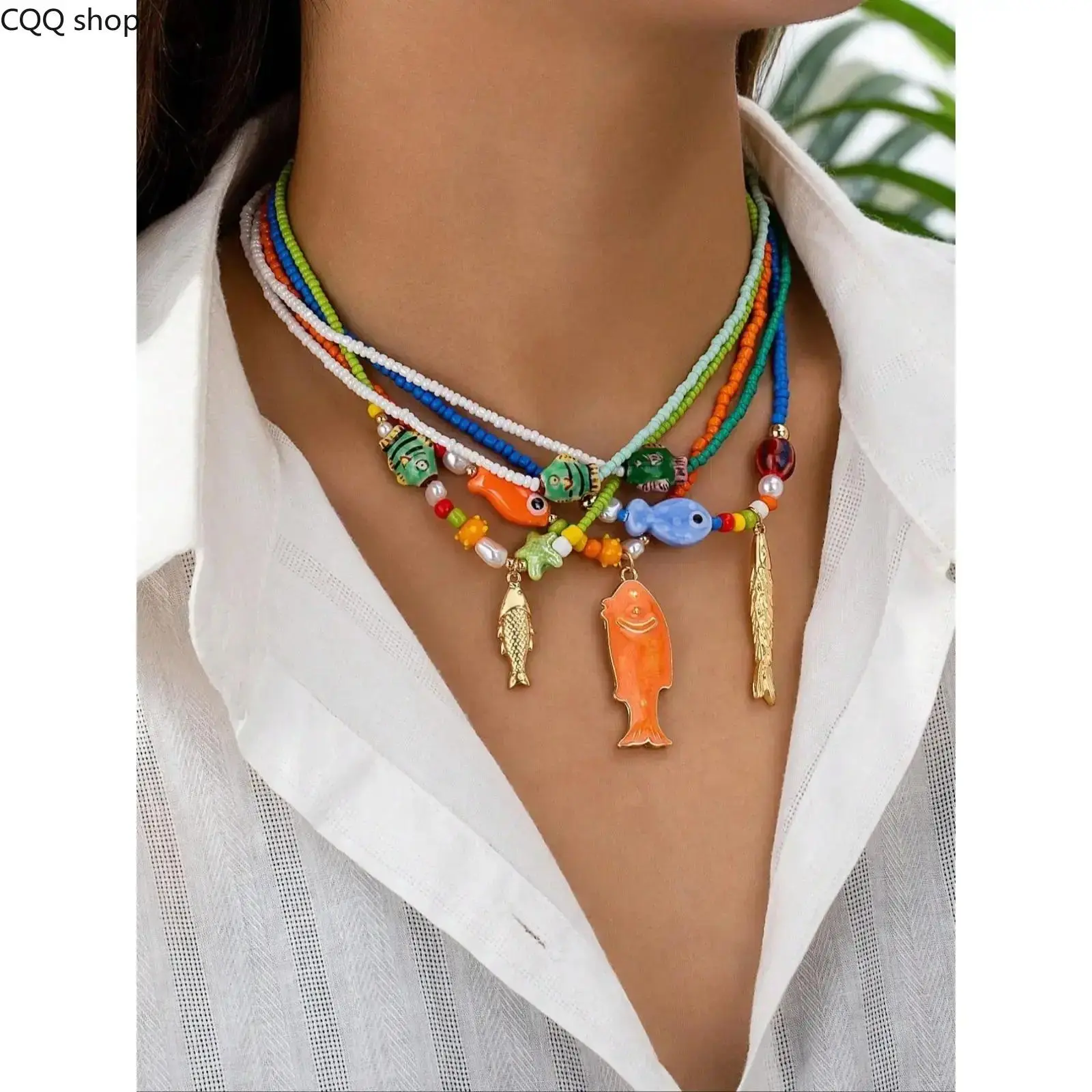 5-piece set Women's Elegant Colorful Beaded Necklace Set, Trendy Marine Life Charm Layered Statement Necklaces, Adjustable Tarnish-Proof Jewelry Gift for Girlfriends summerwins