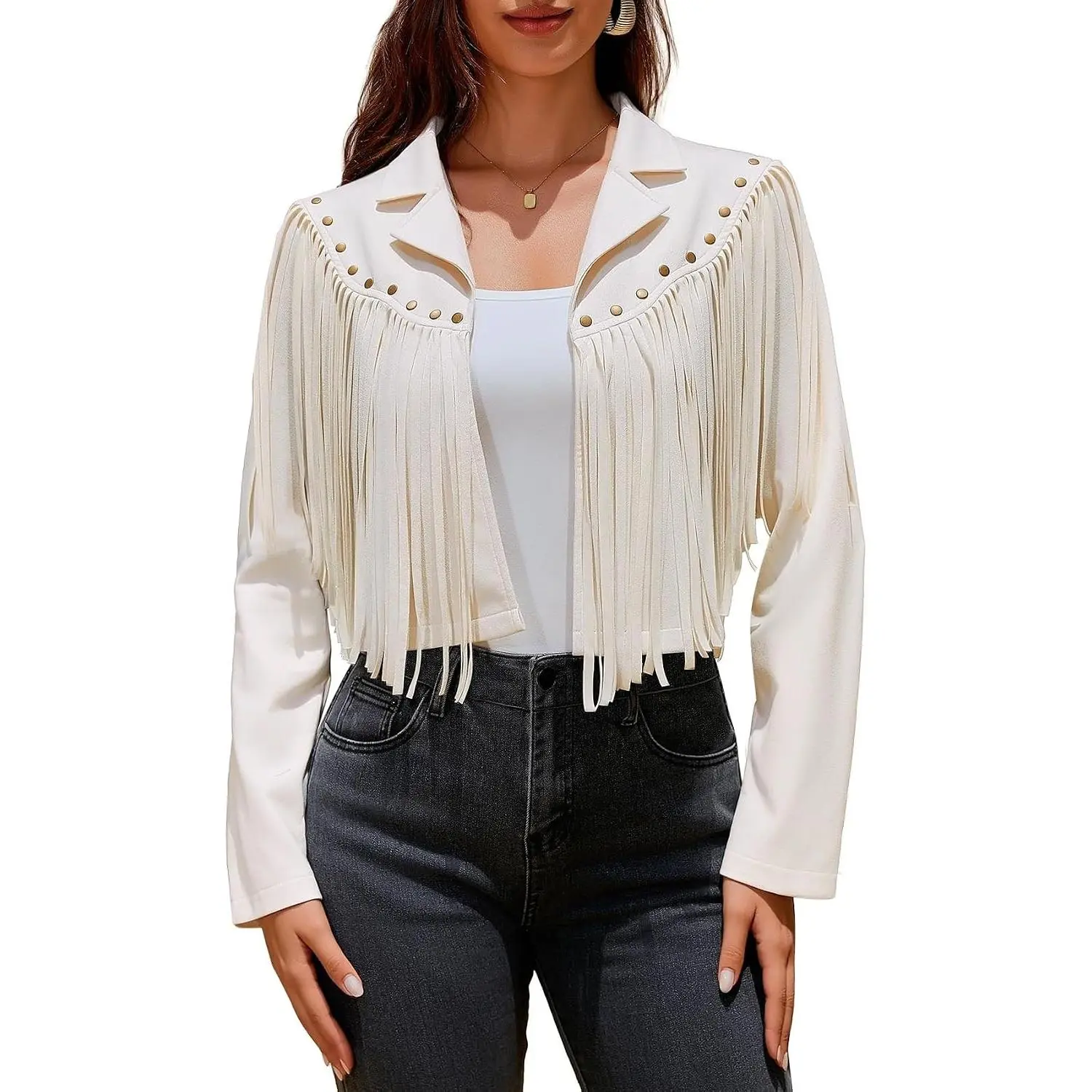 Women's Fringe Faux Suede Leather Jackets Fashion Fall Western Tassel Motorcycle Cropped Open Front Coats with Rivets
