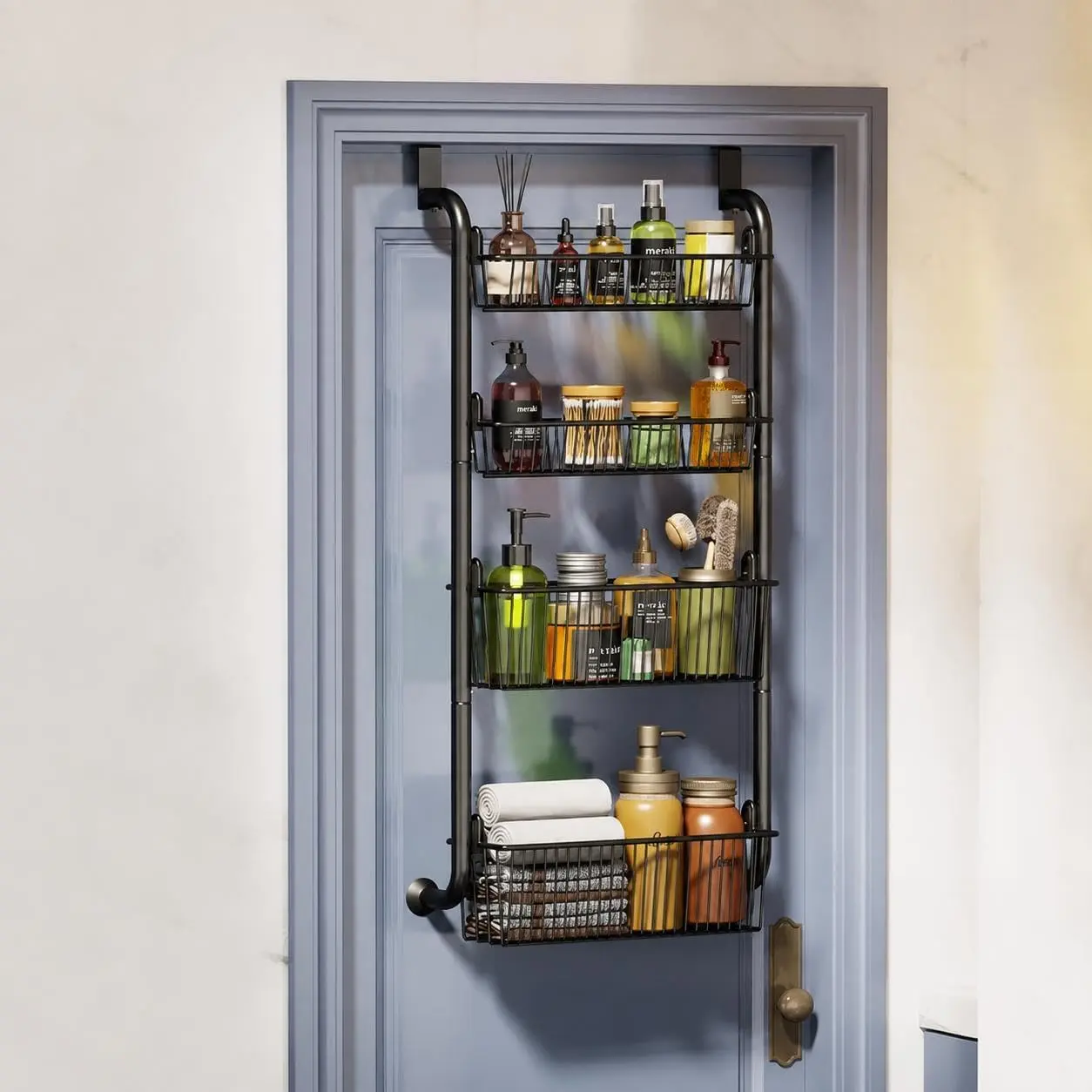 Metal over Door Storage Rack, 4 Tier Pantry Door Organizer Shelves with Adjustable Baskets & Strong Stabilizing Suction Cups, Metal Hanging Spice Rack for Kitchen, Bathroom, Bedroom