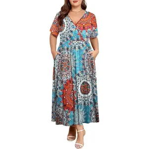 BELAROI Womens Plus Size Maxi Dress Summer Wrap V Neck Flowy Long Sundress Beach Dresses with Pockets