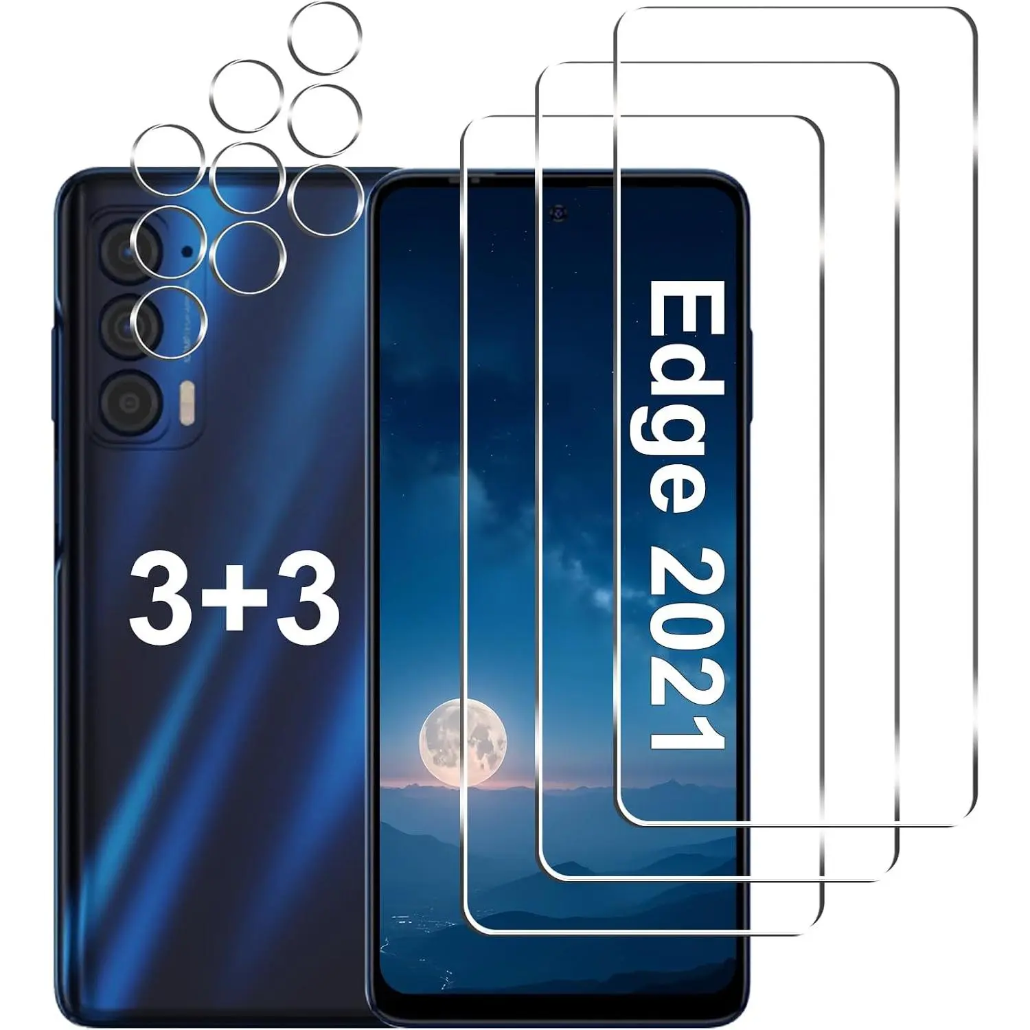 [3+3 Pack] Motorola Edge 2021/Motorola Edge 5G UW 2021 Tempered Glass Screen Protector + Camera Lens Protector Accessories, 9H Hardness, Anti-Scratch, Easy Bubble-Free Installation, HD Protection
