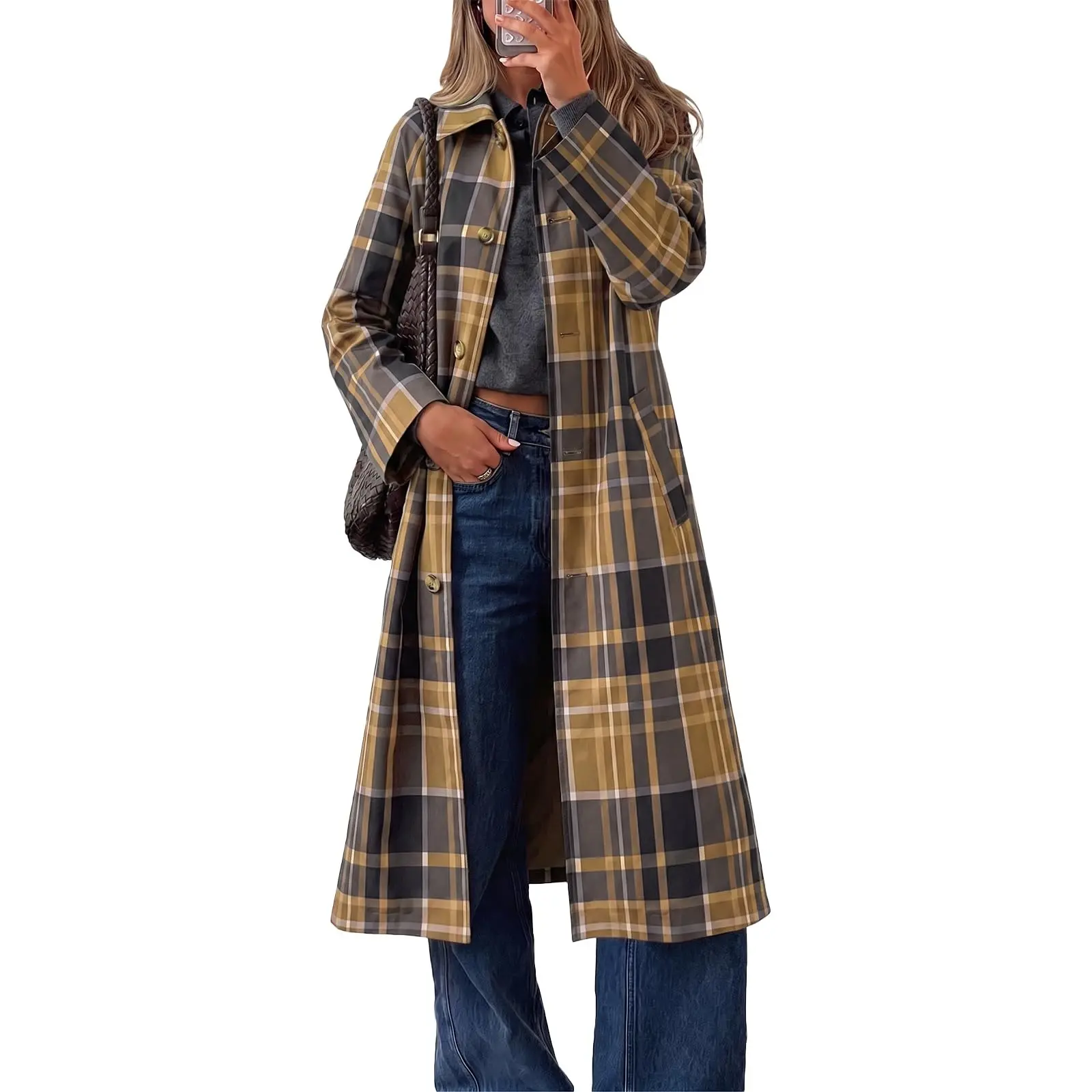 Cicy Bell Womens Plaid Trench Coat Fall Lapel Single Breasted Long Jacket | Loose Fit Straight Outerwear, Winter Warm, Work Office Commute, Casual Trendy Overcoat, Spring Outwear, Windbreak