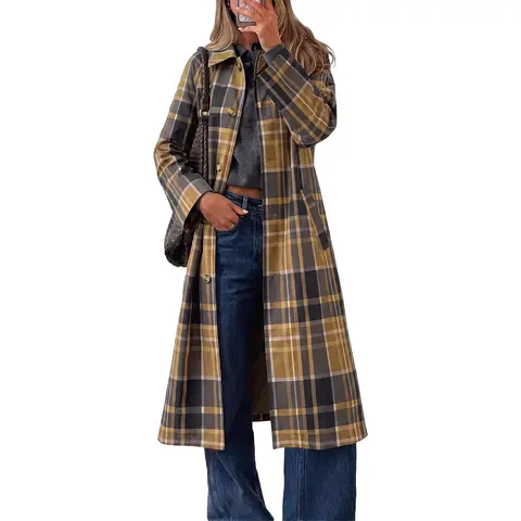 Cicy Bell Womens Plaid Trench Coat Fall Lapel Single Breasted Long Jacket | Loose Fit Straight Outerwear, Winter Warm, Work Office Commute, Casual Trendy Overcoat, Spring Outwear, Windbreak