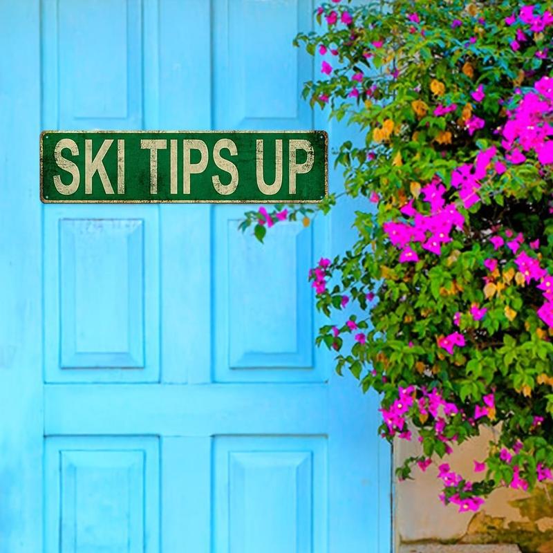 1pc "SKI TIPS UP" Vintage Metal Tin Sign - Ski-Themed Wall with Skiers & Mountain, & Iron Poster Suitable for Home, Bar, Cafe, - / Decoration 4x16in