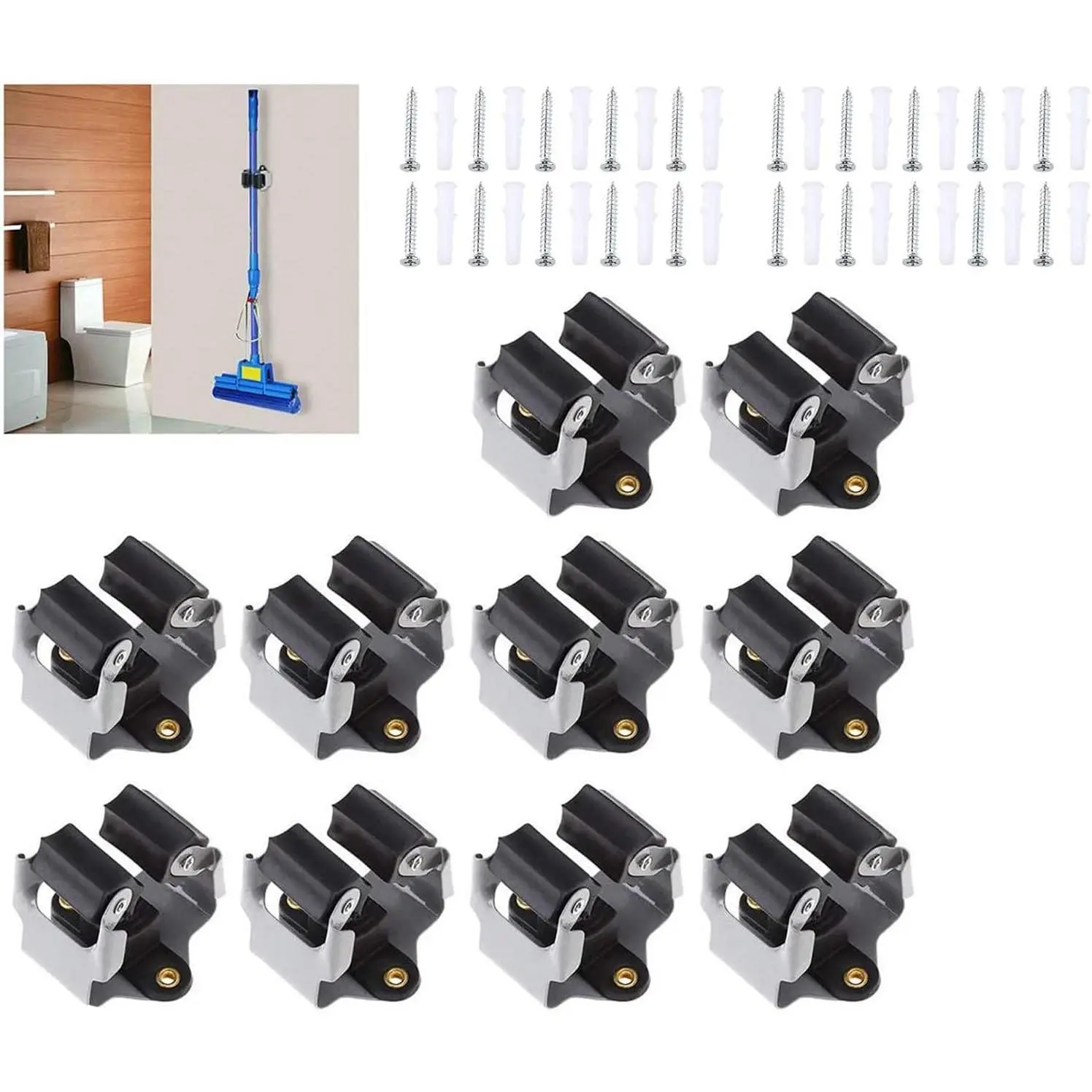 Broom Holder Wall Mount 10 Pack Heavy Duty Metal Mop Broomstick Shovel Handle  Clips Clamp Organizer Hanger Rack Gripper Black