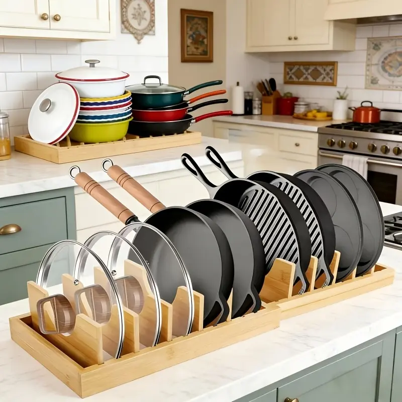 Bamboo Pot Lid Organizer with 10 Adjustable Dividers Expandable Wooden Storage Rack Hanging Shelf for Lids Pans Cutting Boards Plates Kitchen Cabinet Organization