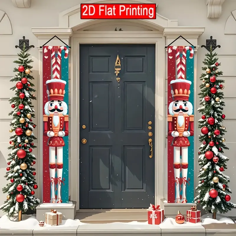 2D Christmas Nutcracker Soldier Banner, 12x70.8 Inch Polyester, Stripes, Outdoor Festival Decor, No Power Needed, 2 Pieces