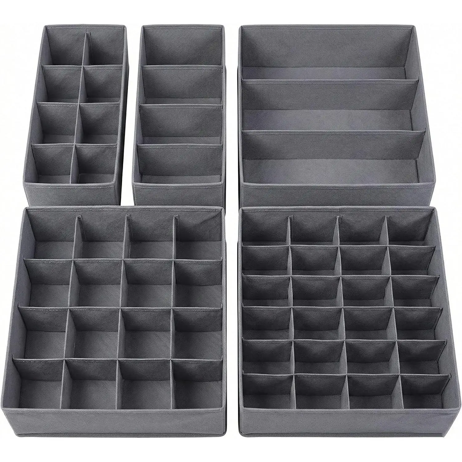 Underwear Drawer Organizer, 5-Pack, for Socks, Bras, Tie, Grey | Fits Standard 13"+ Dressers, 55 Compartments, Storage Bins for Bedroom, Closet & Bathroom