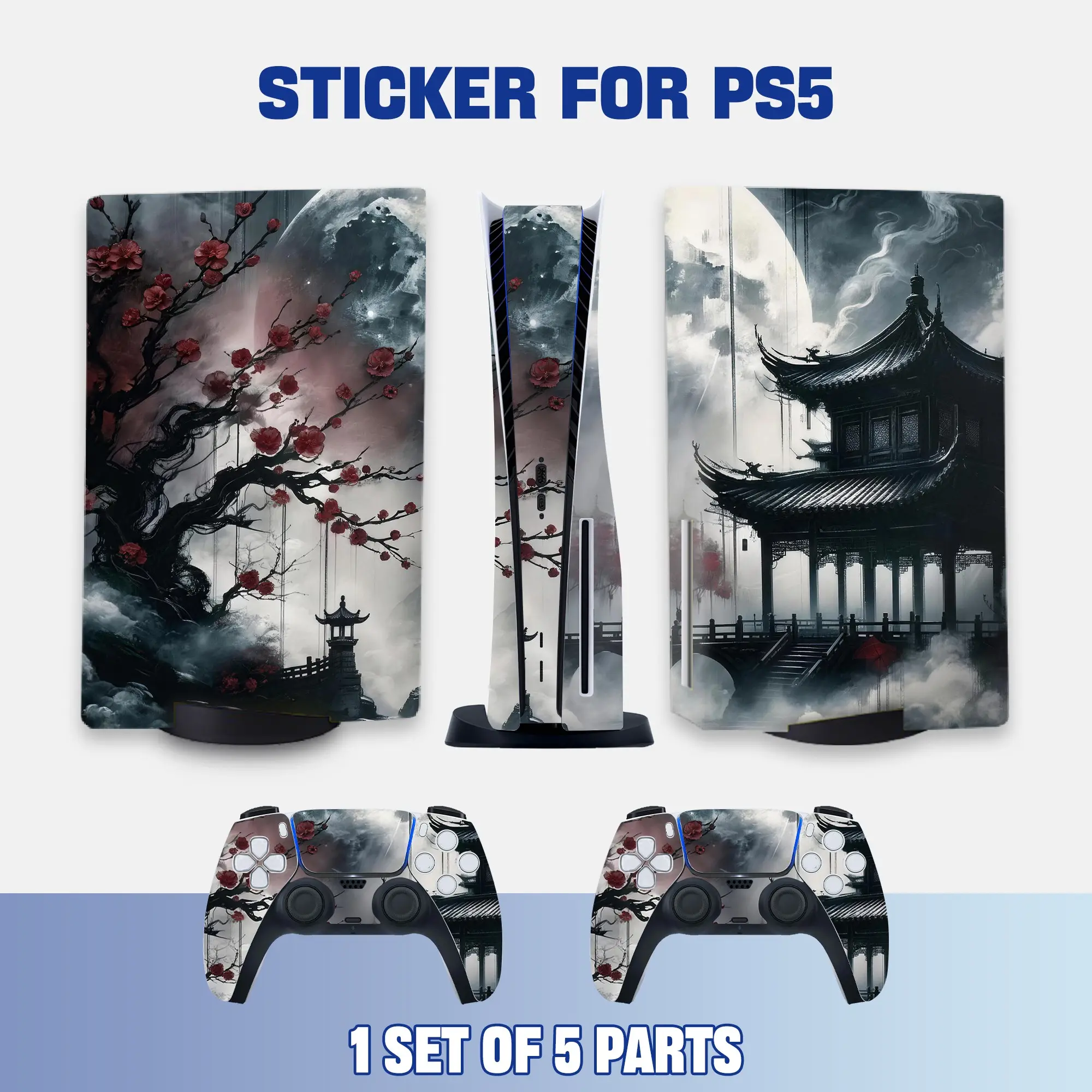 Chinese Plum Blossom Moonlight PS5 Disc Edition Vinyl Skin Sticker for Console & Controllers, Waterproof, Scratch-Resistant, Dustproof, Removable & No Residue
