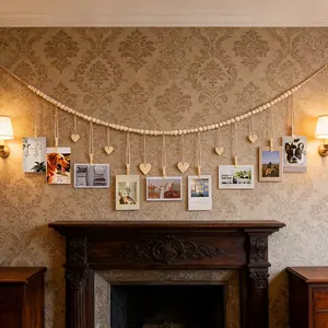 2D Flat - 1pc of a Bohemian-Style Photo Display Stand for Hanging Pictures, Suitable for Decorating Living Rooms, Bedrooms, And Classrooms. This Photo Holder Features White Wooden Beads, Clips, And a Heart Label, Making It Perfect for Wall Art