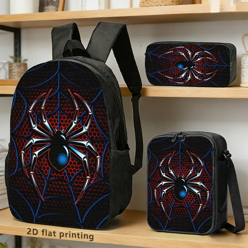 Full Print 3Pcs Spider Web Bag Set, All Over Red Blue Metallic Spider Graphic Backpack Crossbody Bag & Pouch, Black Trim Daily School Travel Bags For Trendy Teens#TikTokMadeMeBuyIt#SpiderBagSet#TeenSchoolAccessories