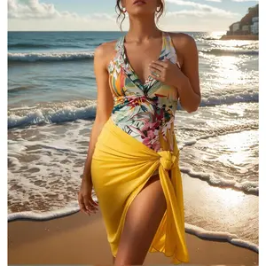 Women's Tropical Floral Print Two-Piece Swimsuit – Wrap V-Neck Ruched One-Piece Swimsuit with Solid Yellow Sarong, Elegant Vacation Swimwear, Stylish Outfit for Summer Coastal Getaways and Sunset Beach Trips