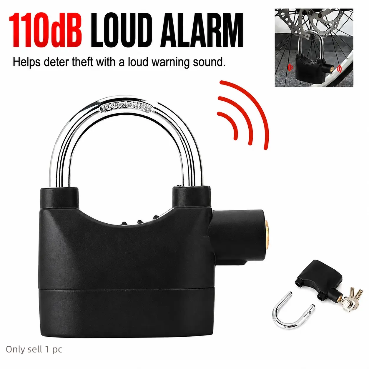 110dB Alarm Hanging Lock, Outdoor Stainless Steel Door Padlock with Motion Sensor and 3 Keys, High-Security Lock for Garages, Fences, Gates and Storage Units