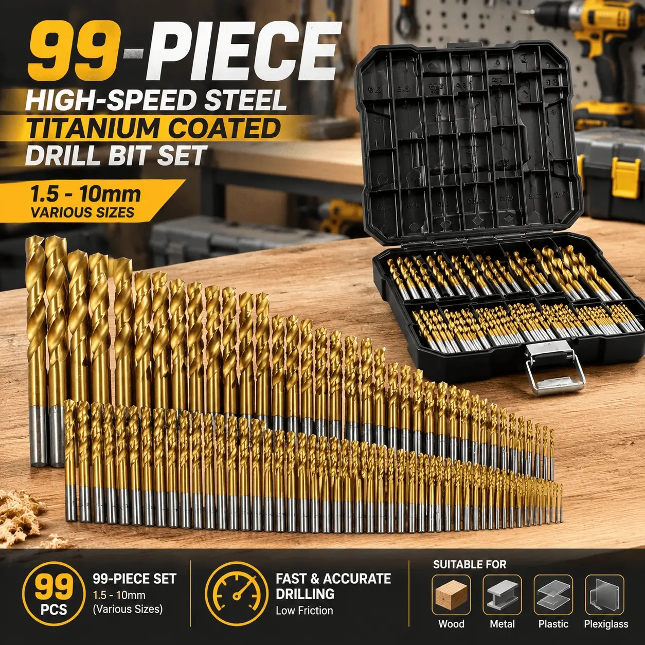 Set of 99 Drill Bit Set, Designed for Drilling Material, Metal Drilling, 10mm
