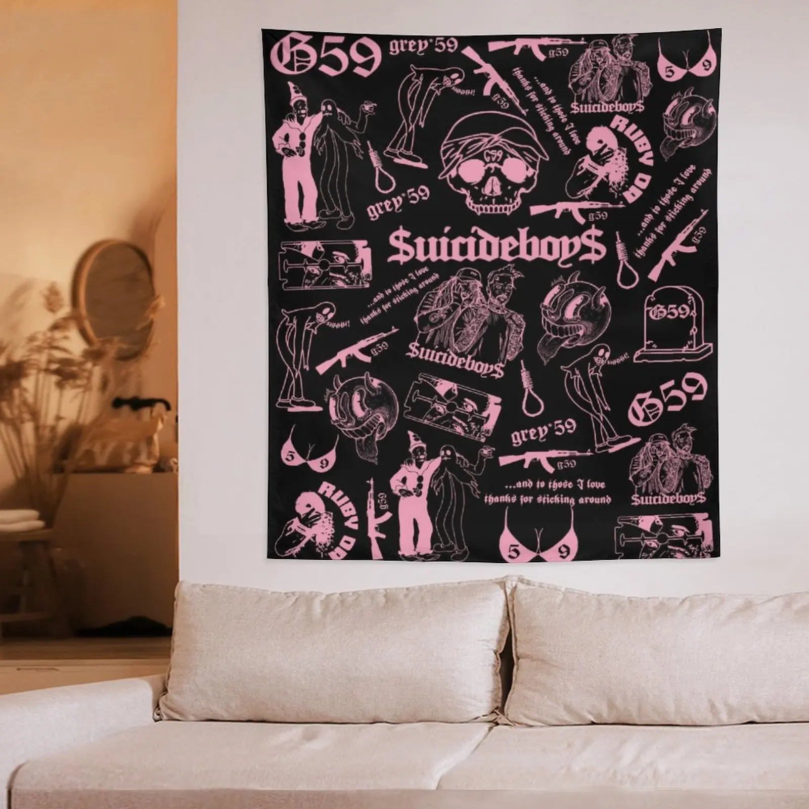 G59 Collage Tattoo Tapestry, Dark Gothic Skull Print Tapestry, Black Base Tapestry, Rap Fan Gift, Wall Hanging Decor, 60x40 Inch Tapestry, Gift for Fans