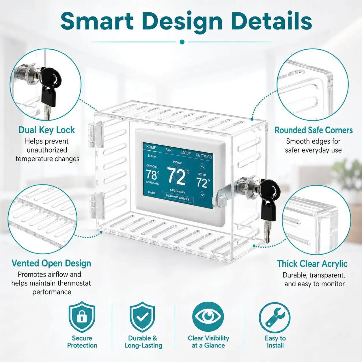 Clear Thermostat Lock Box, Wall Mounted Acrylic Thermostat Cover with Key Lock, Dustproof Vented Anti-Tamper Thermostat Guard, Large Protective Locking Case Fits 4.8"H x 6"W or Smaller for Home Office School Restaurant Hotel Store, Install