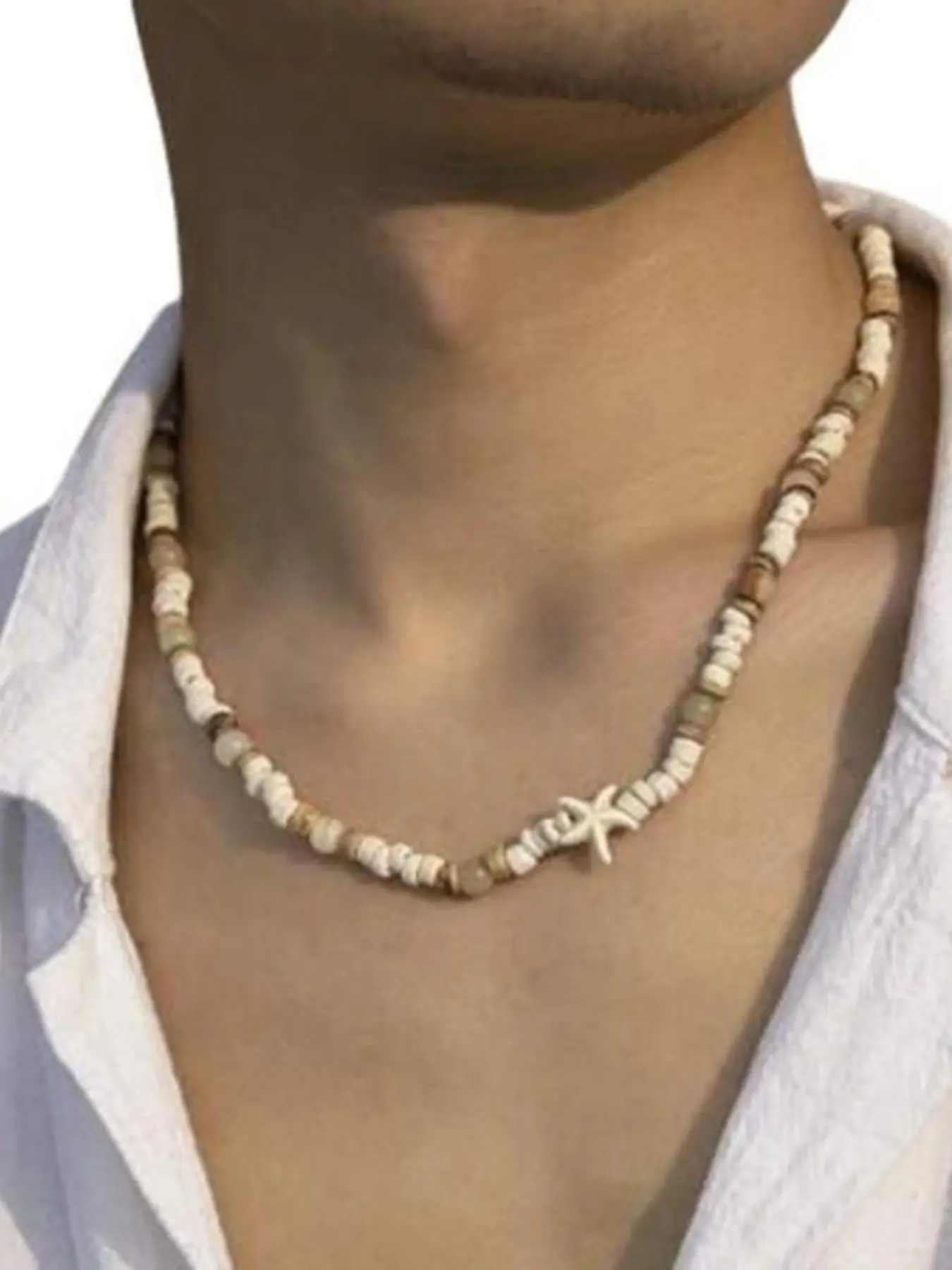 Surfer Coconut Shell Starfish Necklace, Men's Hip Hop Unique High-End Colorblock Wood Bead Collar Chain Jewelry