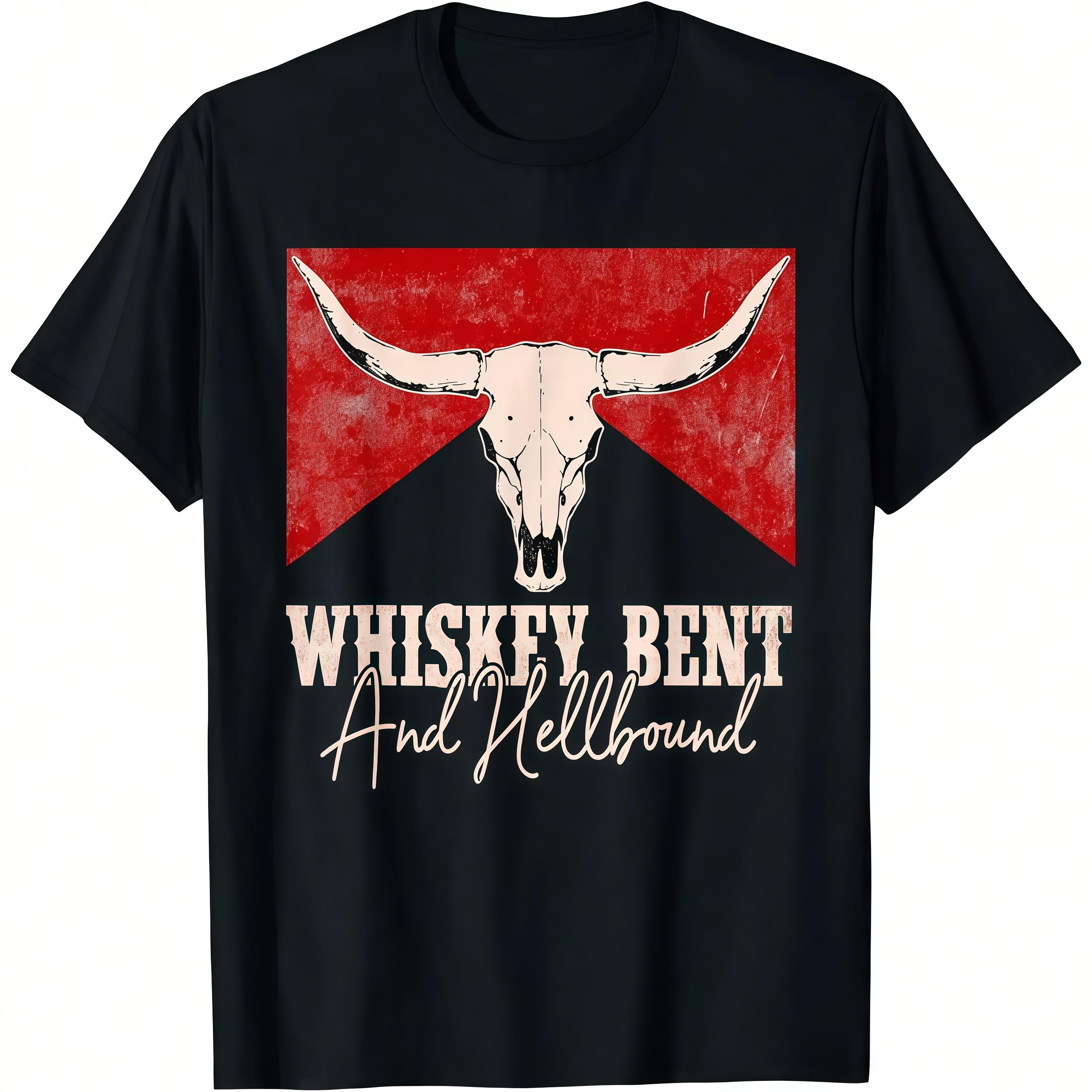 Whiskey Bent And Hellbound Graphic Western Cactus Deserts T-Shirt, Oversized Short Sleeve Classic Heavy T-Shirt Printed Graphic Tee Men Women's Casual Short-Sleeved Top