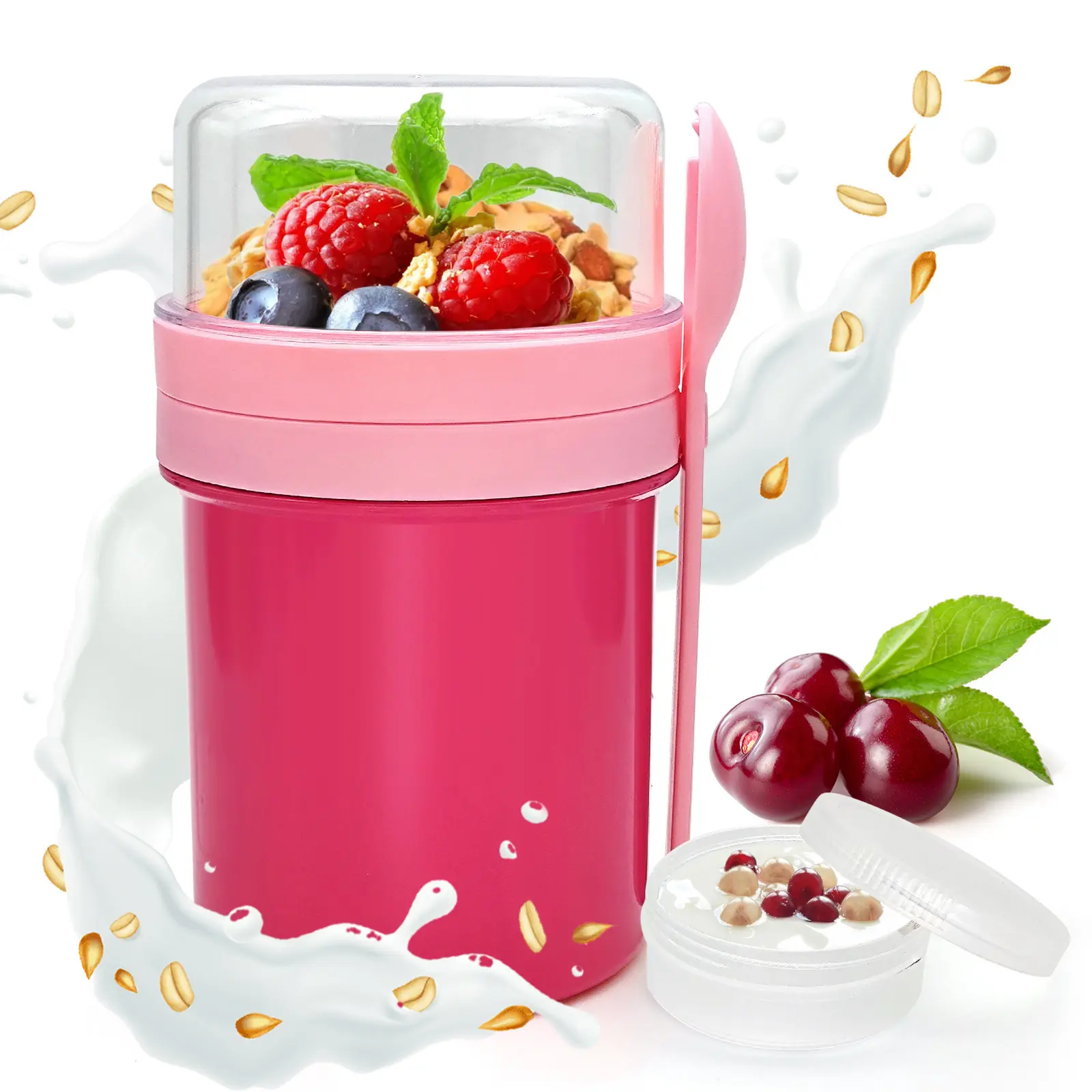 Colorful Double-Walled Portable Breakfast Cups, Overnight Oatmeal Containers, Cereal and Yogurt Cups, Glass Mason Jars, Reusable Plastic Yogurt Cups with Utensils.Perfect for Yogurt, Oatmeal, and Smoothies. Yogurt Parfait Cups. Lightweight and Portable.