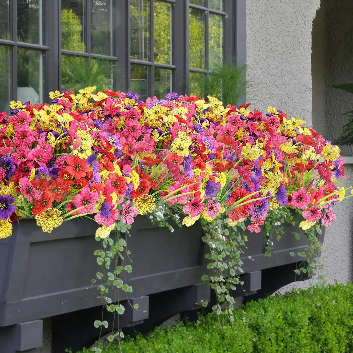 16 Bundles Summer Artificial Flowers Bulk UV Fake Flowers for Garden Pots Yard Outdoor Porch Home Decor, Colorful Faux Wildflowers Plastic Plant for Outside