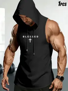 Christian Blessed Cross Print Sleeveless Hood Tank for Men, Drawstring Hoodie Muscle Gym Training Vest, Minimal Faith Religious Letter Lightweight Daily Sports Casual Top
