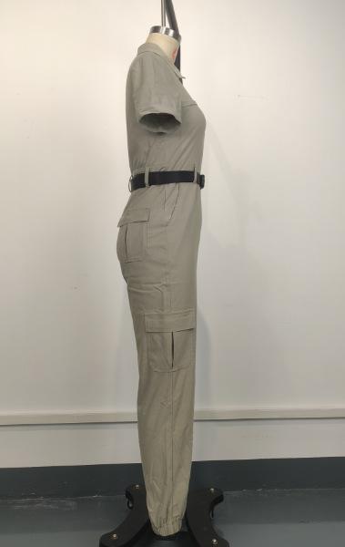 New Women's Fashion Zipper Jumpsuit Short Sleeve Lapel Multi-Pocket Belt Jumpsuit