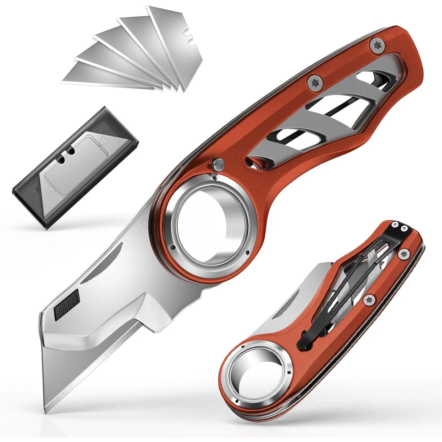 Folding Utility Knife Pocket Knife, Heavy-Duty Box Cutter with Anti Slip Finger Loop, Quick Change Blade Razor Knife, Box Cutters  Home, Office, Warehouse, Durable Razor Knife, Box Knife (Brown)