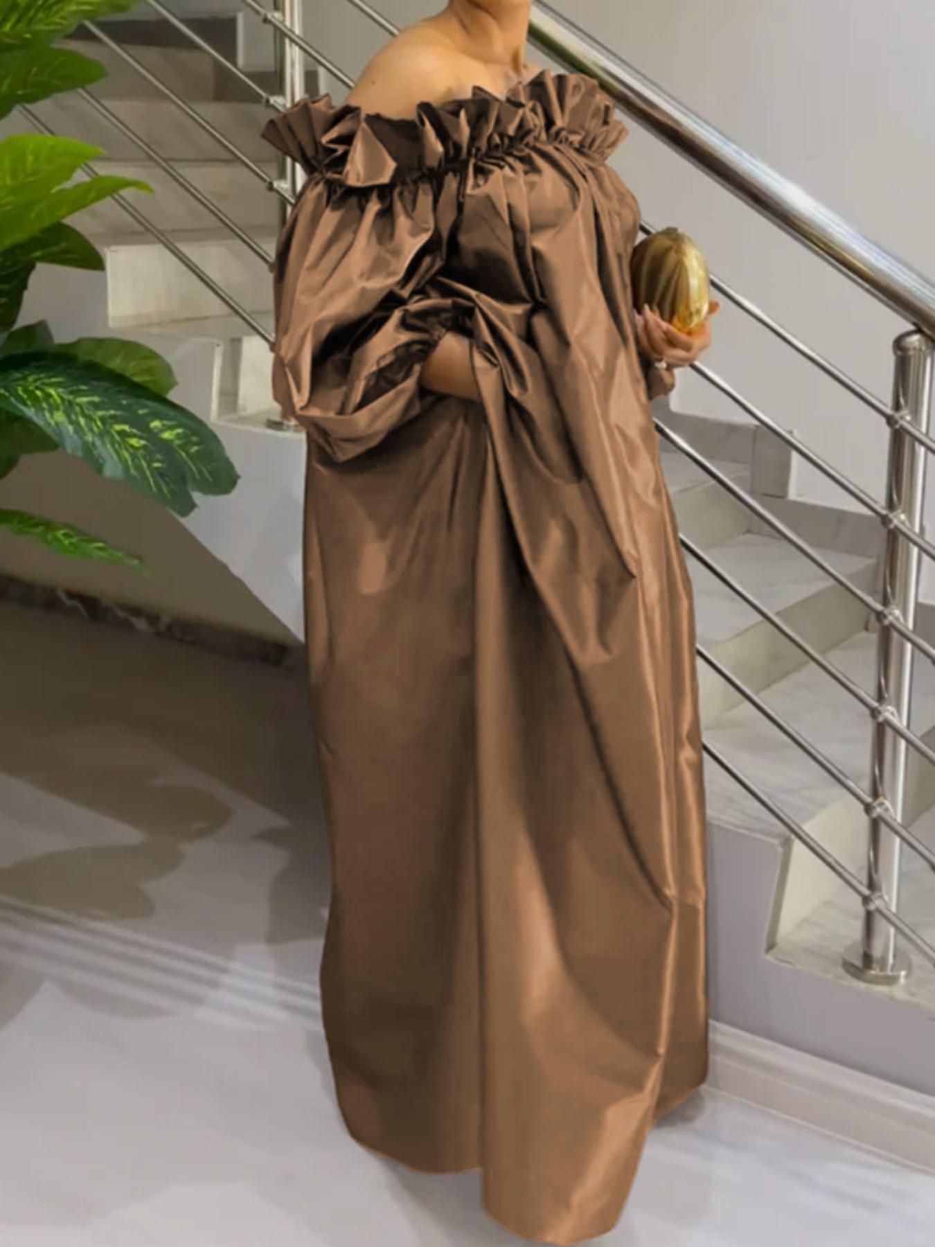 Women's Off Shoulder Ruffle Trim Long Dress, Chic Stylish Elegant Bishop Sleeve Long Sleeve Dress for Party Holiday Wedding Guest, Ladies Spring & Fall Clothes, Holiday Dresses, Wedding Guest Dress,  Formal Event Dress, Womenswear