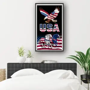 One 2D Flat Unframed Handmade DIY Diamond Painting Kit American Flag Patriotic Theme Eagle and Horse Pattern Home Decor Wall Art for Living Room Bedroom