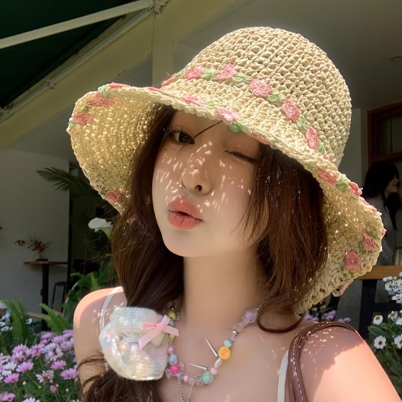 Women's Fashion Summer Floral Straw Hat - Purely hand-woven, light and breathable foldable beach hat with floral embellishments, perfect for casual wear, travel and outdoor activities, the ideal wide-brimmed summer hat gift for women