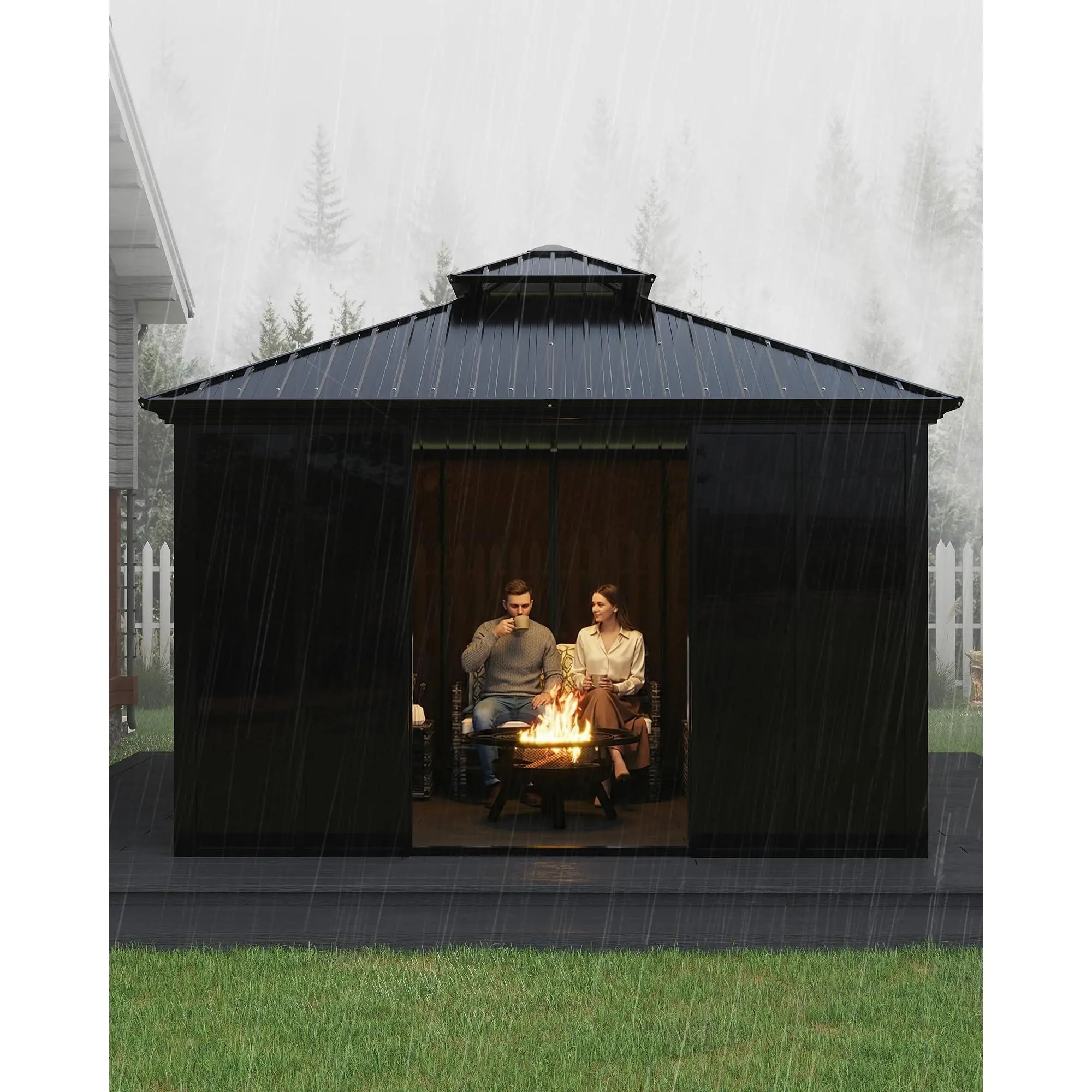 Hardtop Gazebo Sunroom – 12x12 ft Outdoor Garden Villa Solarium with Double Polycarbonate Roof, Floor-to-Ceiling Sliding Doors, Weatherproof Aluminum Frame – All-Season for Backyard, Patio, Deck, Hot Tub Enclosure(9 Boxes)