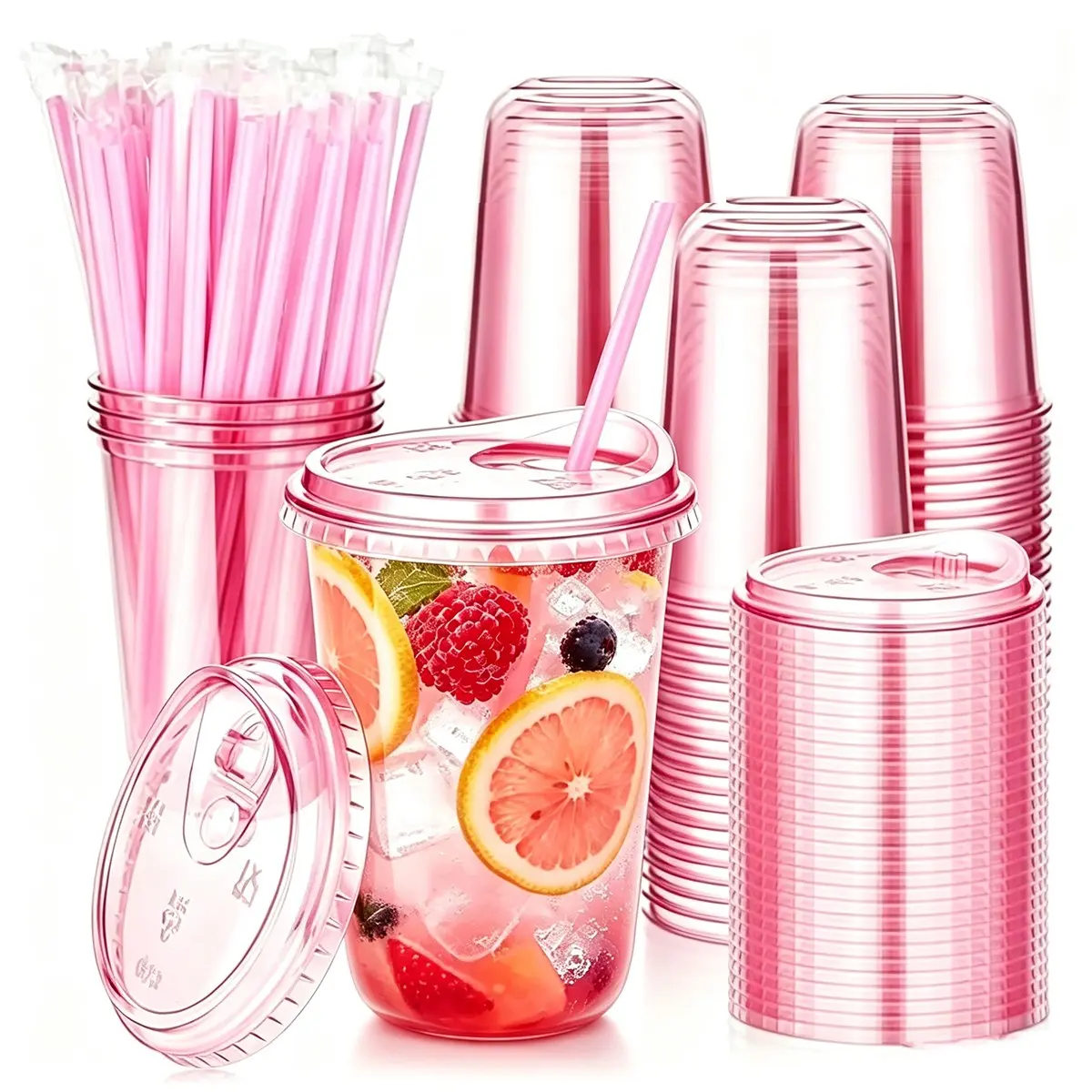 20/50 Disposable Plastic Cups with Lids and Straws, 12oz Portable Cold Drink Cups for Parties, Birthdays, Weddings, Meetings, Lemonade Cups with Lids