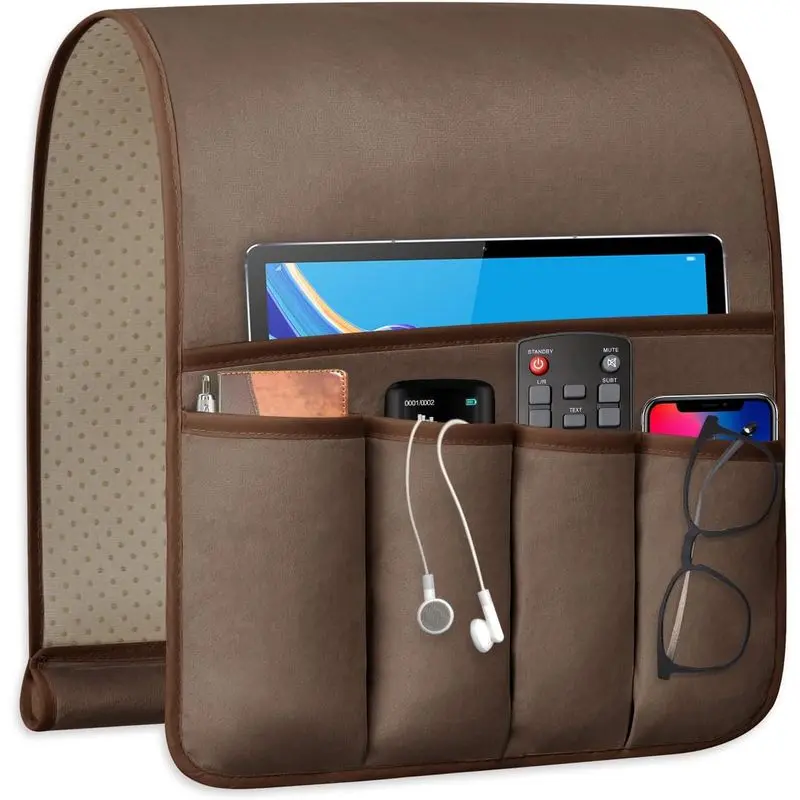 Remote Control Holder for Couch, 5 Pocket Armchair Caddy Organizer with Non Slip Base, Sofa Side Storage Bag for Phone, Glasses, Keys & Magazine