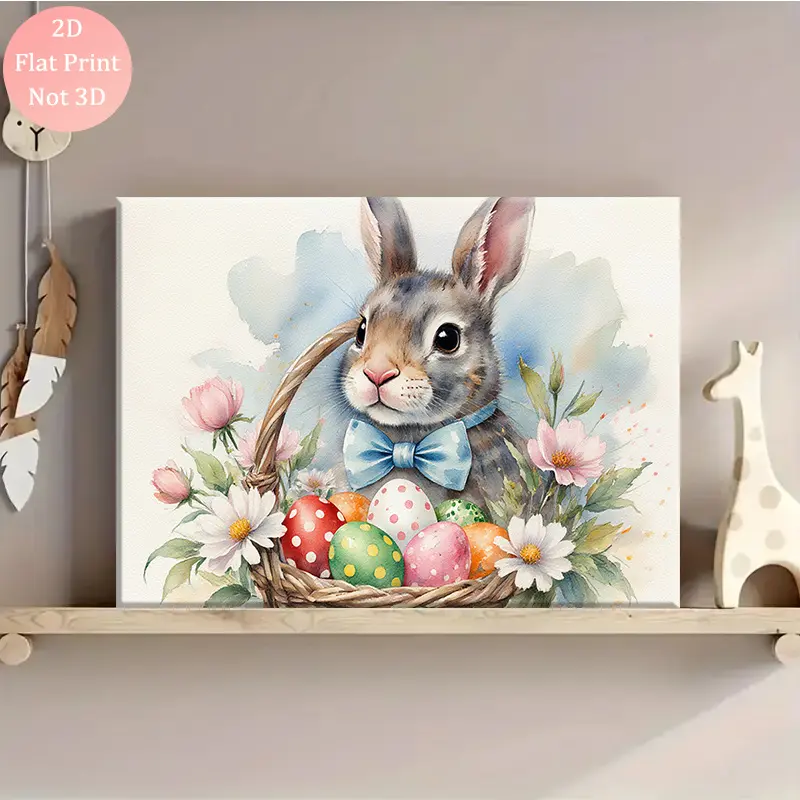 2D Flat, 2D Flat, 2D Flat A Captivating 2D Flat Canvas Artwork Featuring a Sturdy Wooden Frame, Showcasing a Delightful Easter Bunny Basket Filled with Vibrant Eggs And Floral Details, Ideal for Enhancing The Decor of Living Rooms, Bedrooms