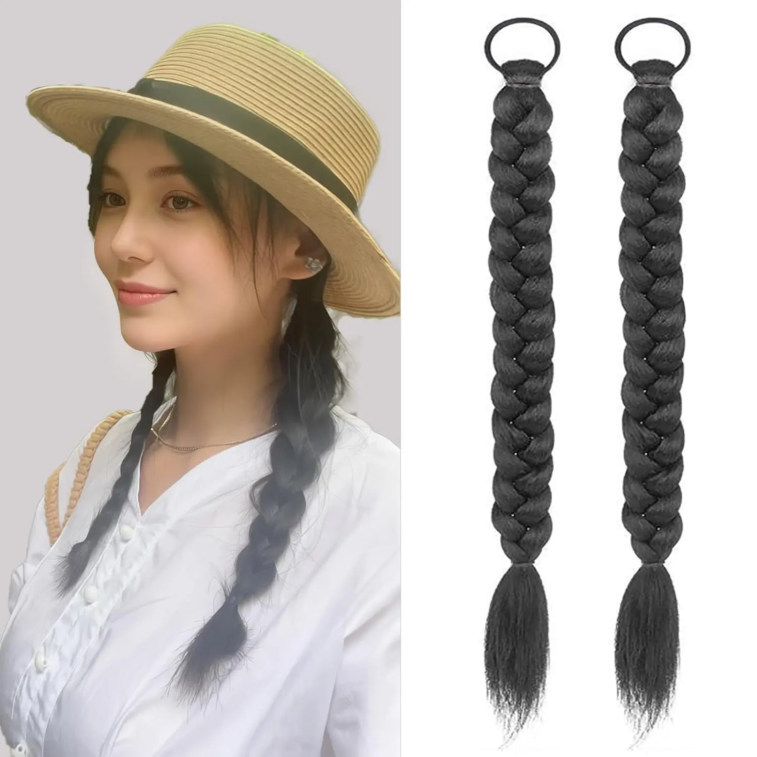 2 count Braided Ponytail Extensions with Hair Ties Soft Synthetic Hair Pieces for Women Girls Daily Wear 17 Inch  Black Thick Elastic Headband for Voluminous Ponytail Hairstyles ( Black)
