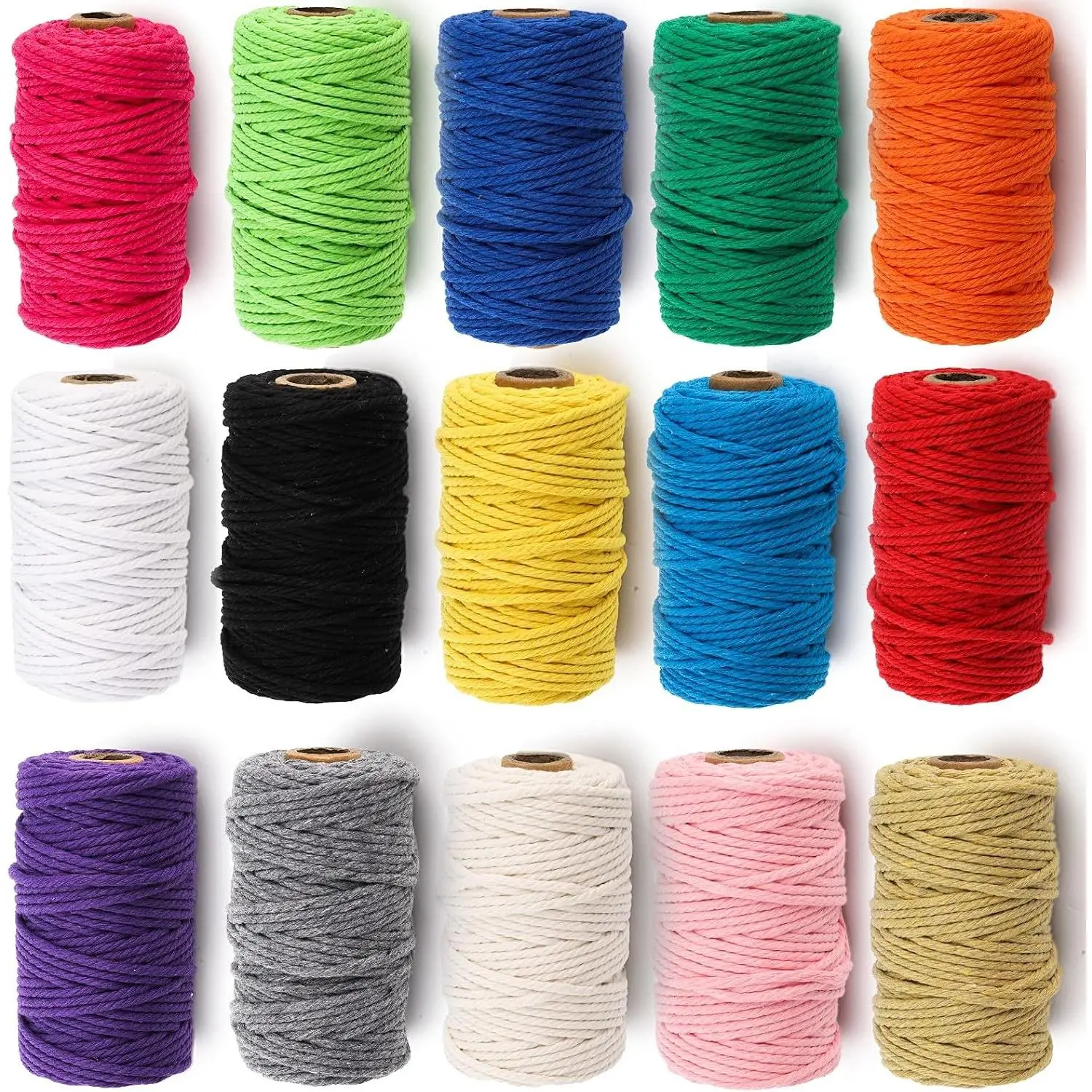 15 Rolls Macrame Cord, 3mm x 480 Yards Natural Cotton Macrame Rope, 4-Strand Twisted Soft Cotton Twine String Cord for Artworks, Wall Hanging, Plant Hangers, Crafts, Knitting, 15 Colors