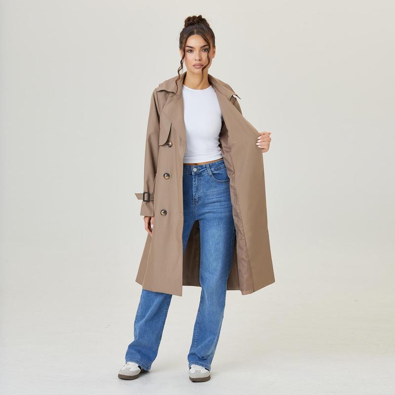 KatchMe Women's Versatile Solid Color Notch Lapel Double Breasted Detachable Belt Trench Coat, Fall & Winter Wrap Tie Waist Outerwear Jacket, Mid-Length Trench Coat