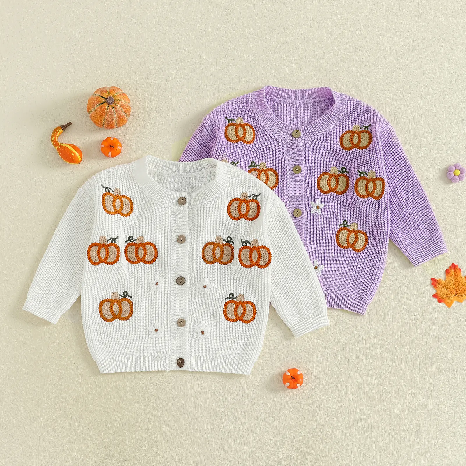 Toddler Baby Little Girl Knit Sweater Thanksgiving Long Sleeve Pumpkin Embroidery Button Down Cardigan Fall Winter Tops 0-4 Years