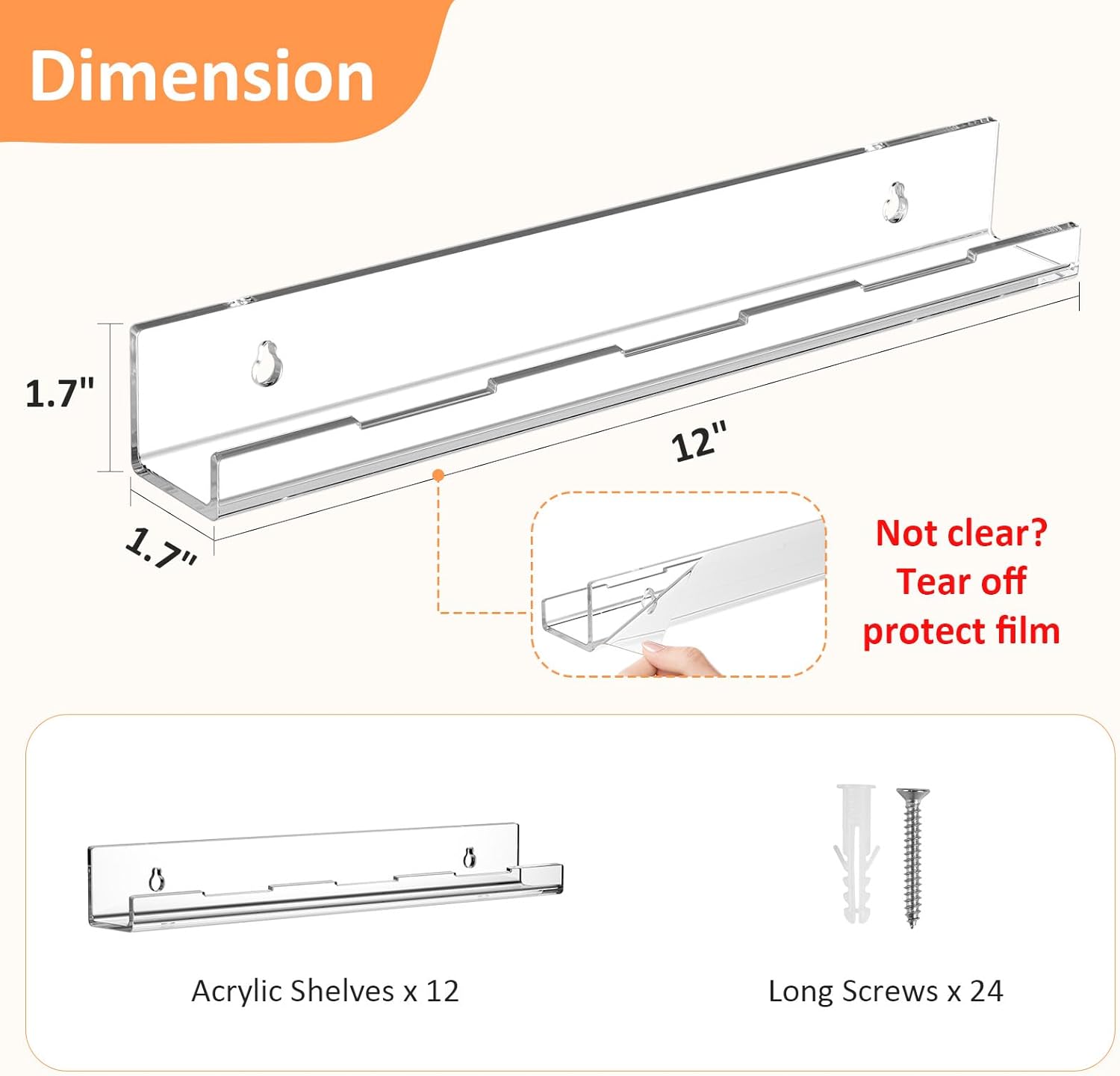 12 Pack Vinyl Wall Mount Shelf, 12" Vinyl Record Holder, Clear Record Shelf Display and Storage, Acrylic Shelves for Wall, Nursery, Living Room, Bedroom