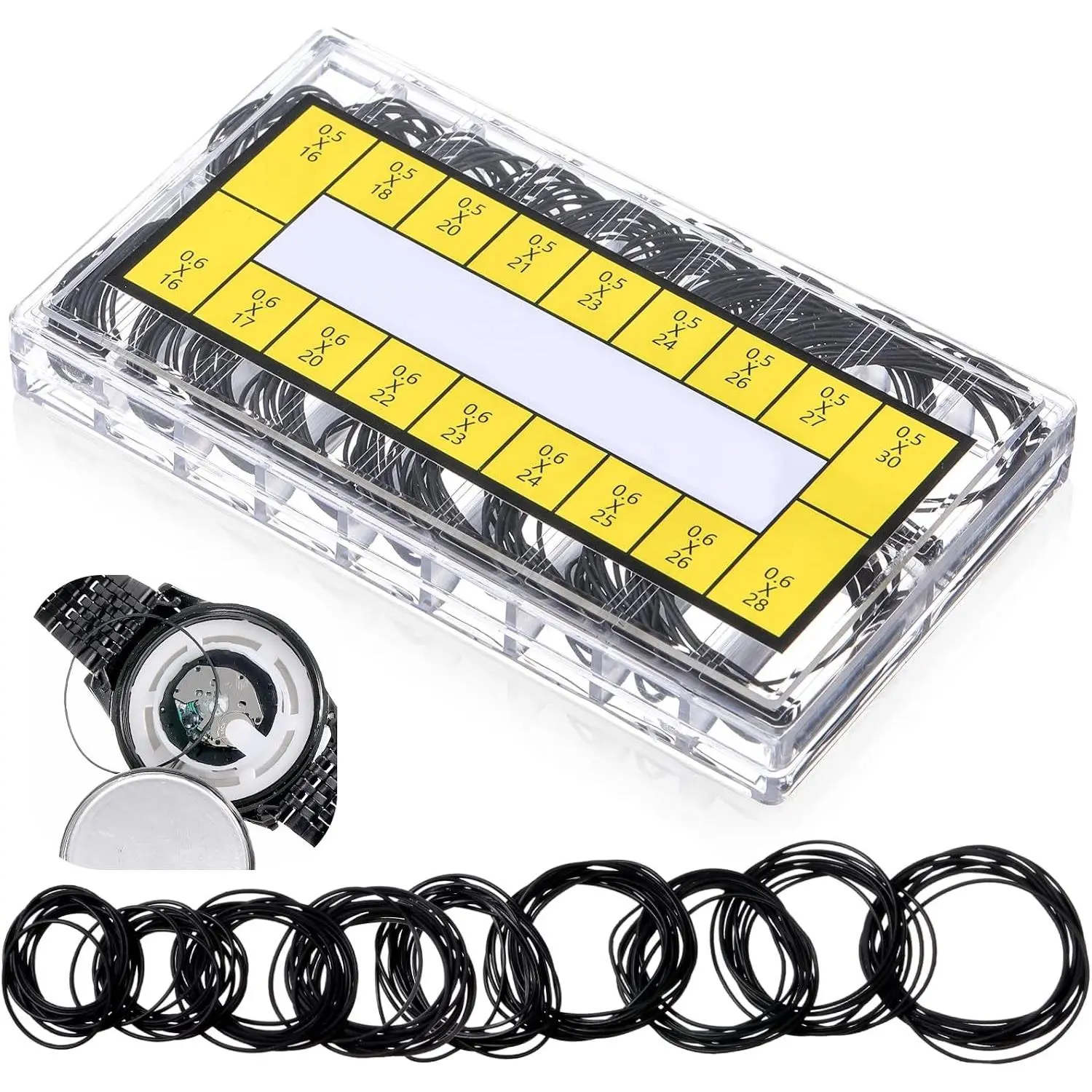 200Pcs Watch Back Gasket O-Ring Kit - 18 Sizes Assorted Rubber Seal Washers Set, 0.5/0.6mm Thick, 16-30mm Diameter, for Watch Repair Replacement