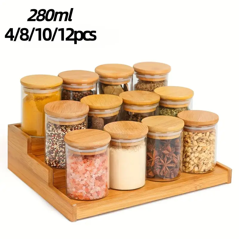 4/8/10/12 Pack 280ML Reusable Airtight Clear Glass Spice Jars, Natural Bamboo Lids, Food Grade Kitchen Storage Containers for Spices, Herbs, Salt, Sugar, Tea