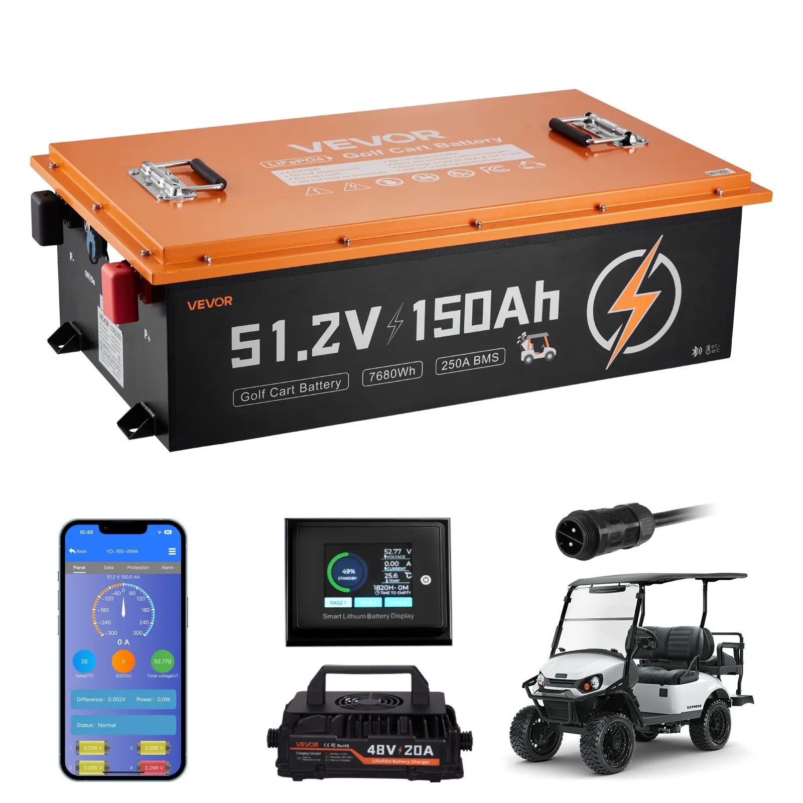 VEVOR 48V (51.2V) 150AH LiFePO4 Golf Cart Battery Kit yd512003, 20A Charger, Built-in 250A BMS, Bluetooth Touch Monitor, 2C Discharge, 4000 Cycles, for Golf Carts Trolling Motors, Batteries, 150 Ah