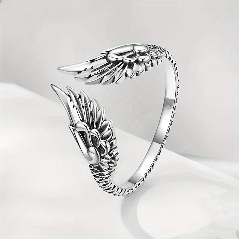S925 Sterling Silver - Wings Open Ring - Simple Retro Guardian Feather - Finger Ring Hand Jewelry - 1pc