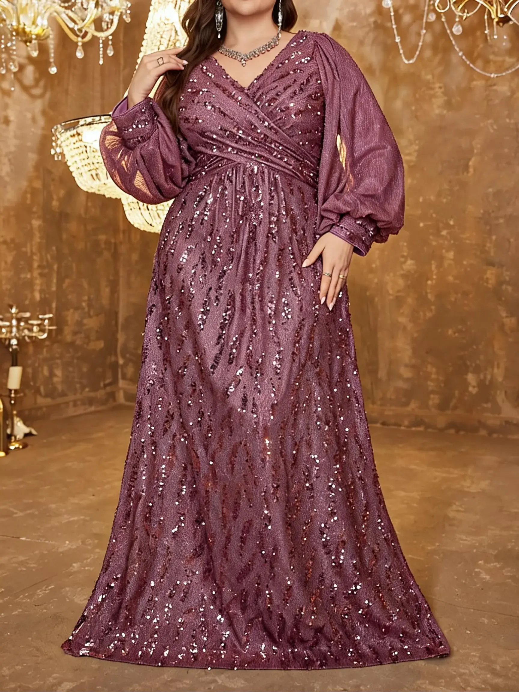 [Plus Size] Glitter Sequins Embroidered Formal Evening Dress, Evening Party Gown, Elegant Lady Cross V Neck Long Sleeve Maxi Dress for Party Banquet, Women's Clothes for Summer, Womenswear