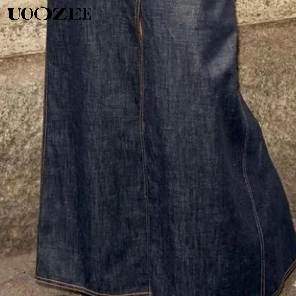 UOOZEE Women's No Belt (Only Skirt) Solid Color Denim Blue Skirt, Soft Slight Fading Pockets Zipper Straight Fit, Breathable & Comfortable, Casual All-Match Rear Elastic Waist Column Skirt Minimalist Maxi Womenswear Breathable