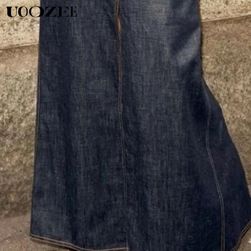 UOOZEE Women's No Belt (Only Skirt) Solid Color Denim Blue Skirt, Soft Slight Fading Pockets Zipper Straight Fit, Breathable & Comfortable, Casual All-Match Rear Elastic Waist Column Skirt Minimalist Maxi Womenswear Breathable