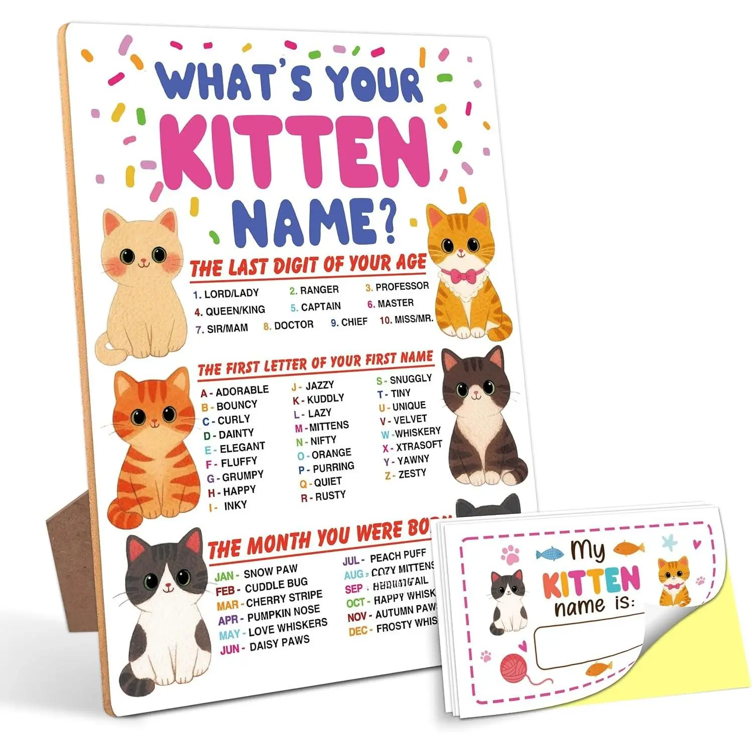 6x8 in Wooden Tabletop Play Sign Set with Stand, 30 Name Stickers - Kitten Themed Birthday Party Decorations for Festive Home Supplies