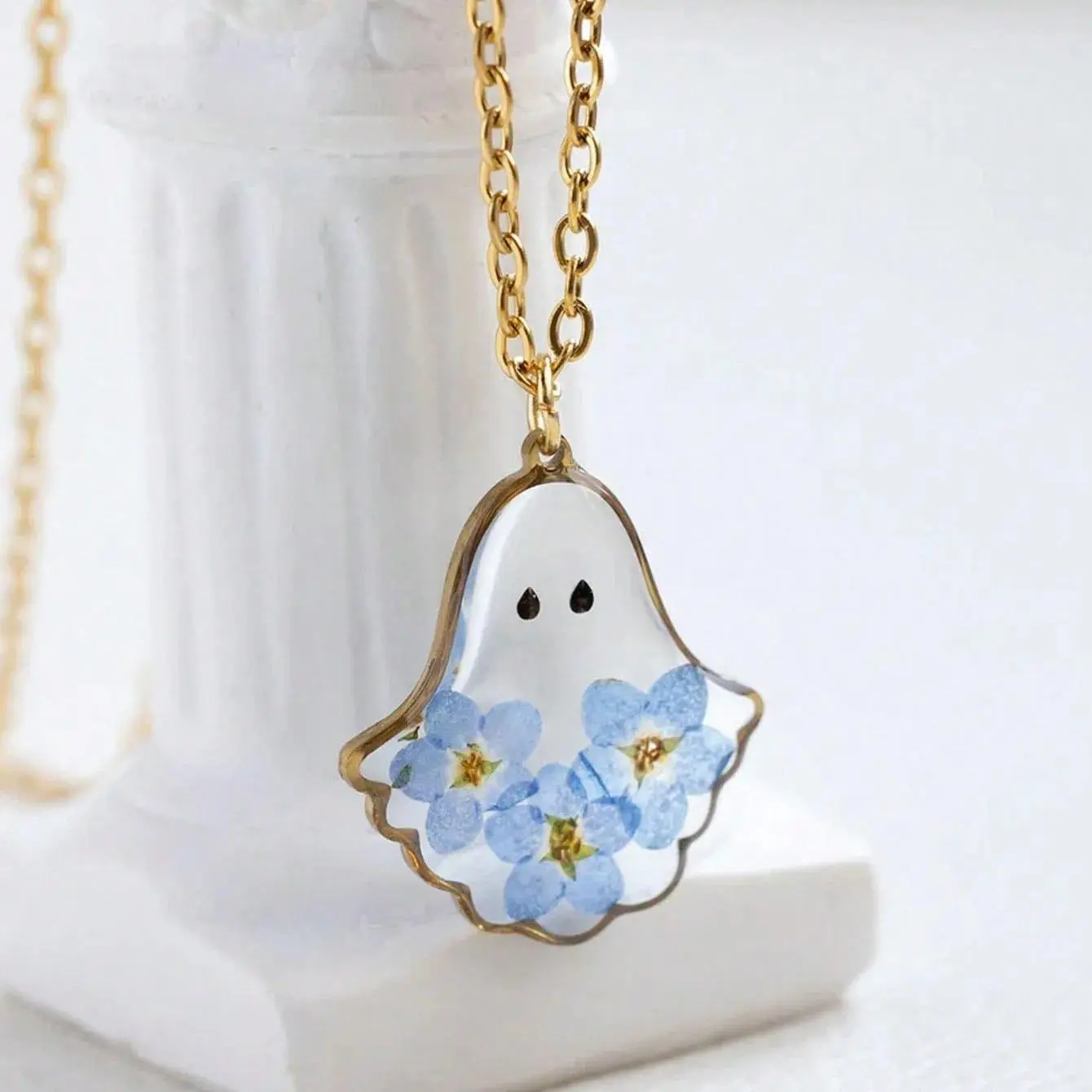 Cute Ghost Pendant Blue Forget Me Not Dry Flower Epoxy Resin Handmade Necklace Women Halloween Fashion Exquisite Gift